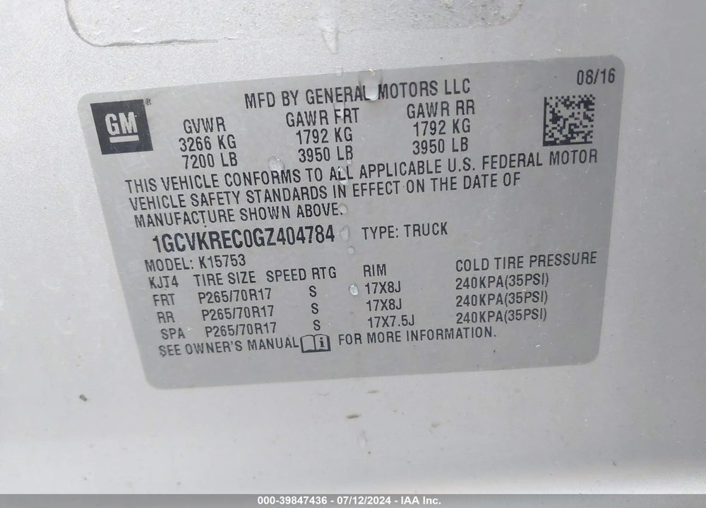 2016 CHEVROLET SILVERADO 1500 1LT VIN: 1GCVKREC0GZ404784