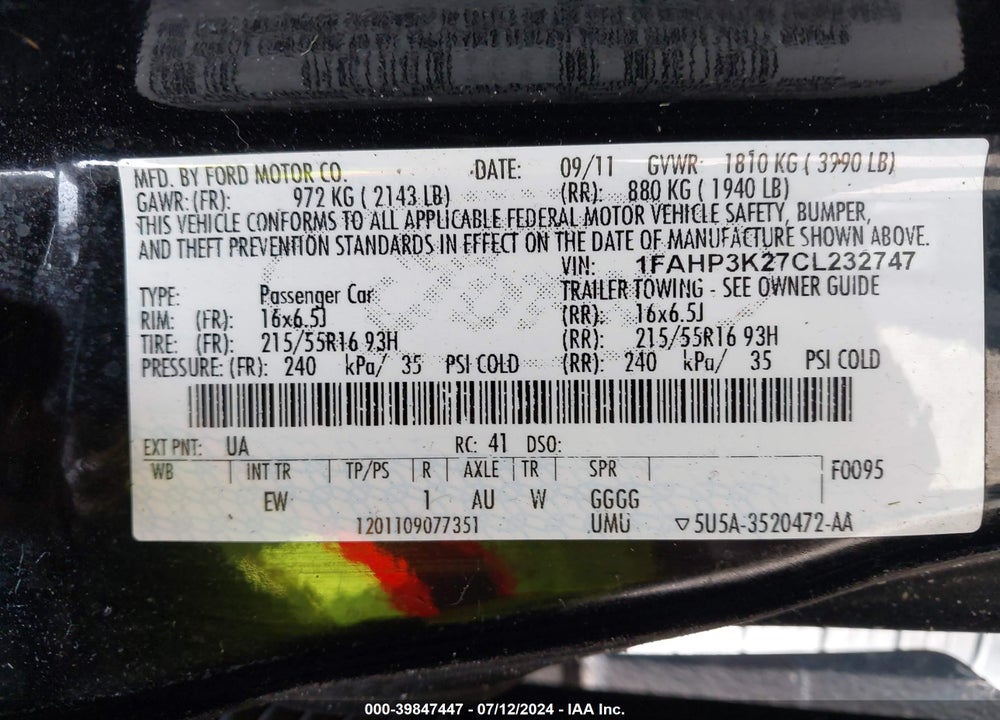 2012 FORD FOCUS SE VIN: 1FAHP3K27CL232747