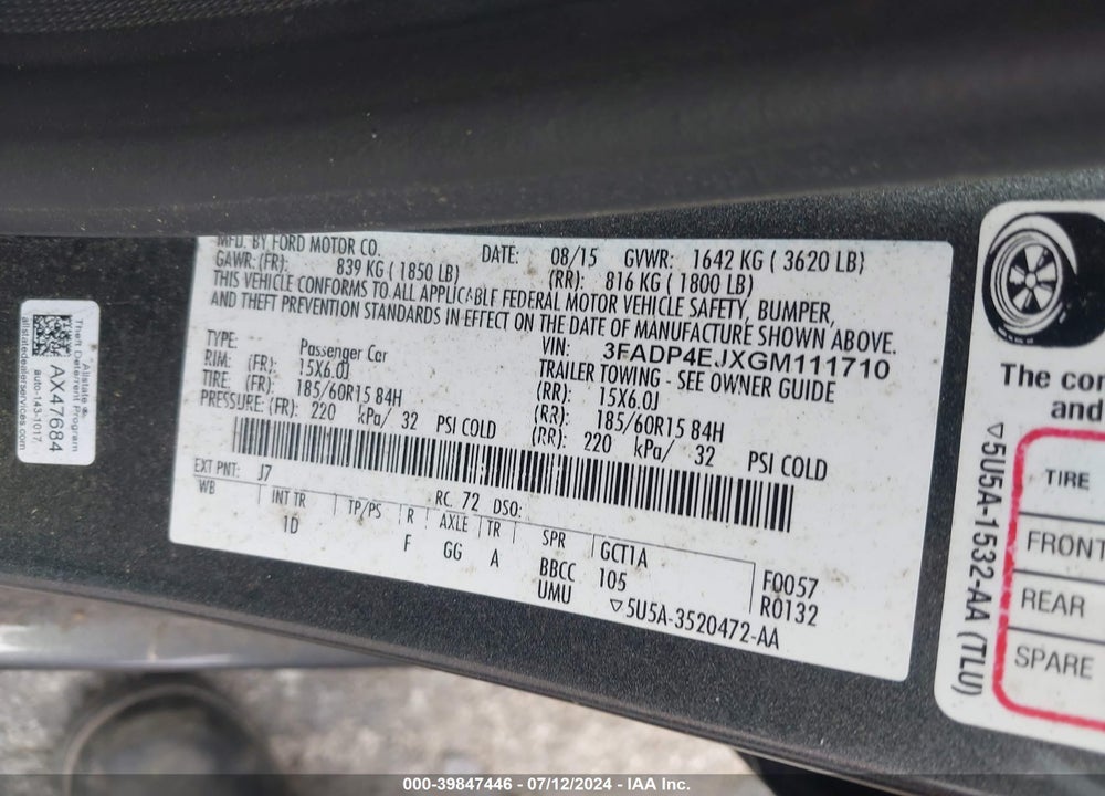 2016 FORD FIESTA VIN: 3FADP4EJXGM111710