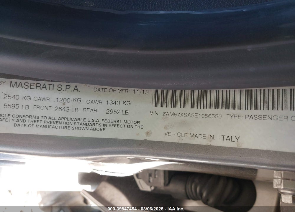 2014 MASERATI GHIBLI VIN: ZAM57XSA5E1086550