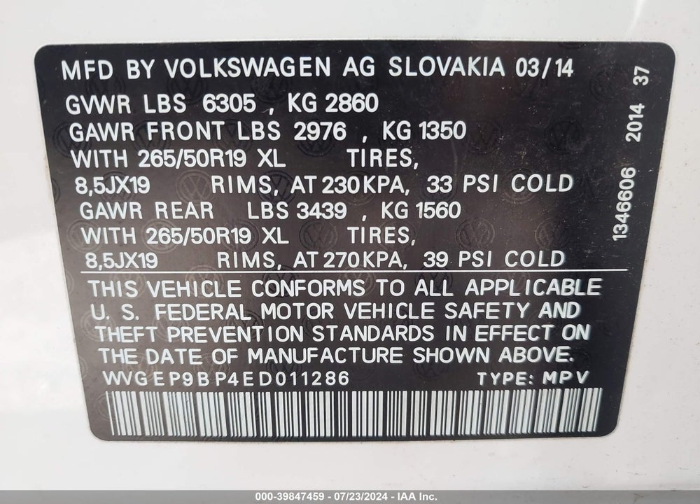 2014 VOLKSWAGEN TOUAREG TDI LUX VIN: WVGEP9BP4ED011286