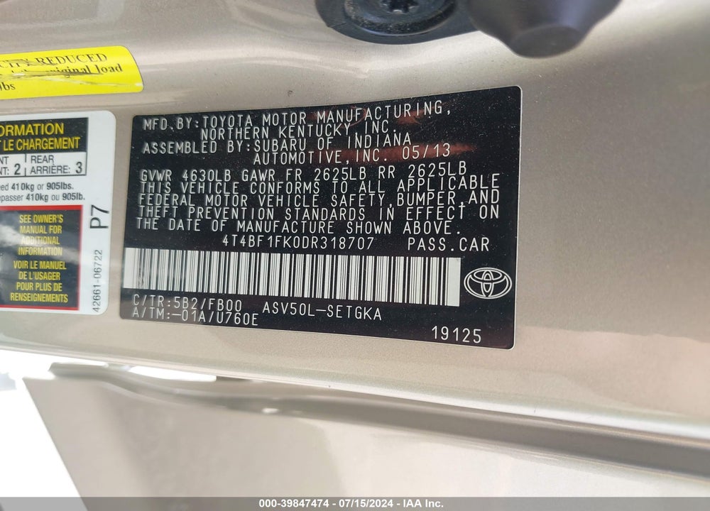 2013 TOYOTA CAMRY XLE VIN: 4T4BF1FK0DR318707