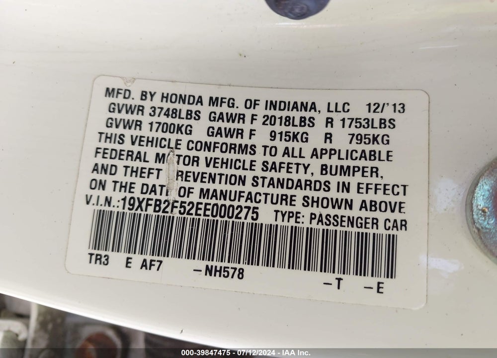 2014 HONDA CIVIC LX VIN: 19XFB2F52EE000275