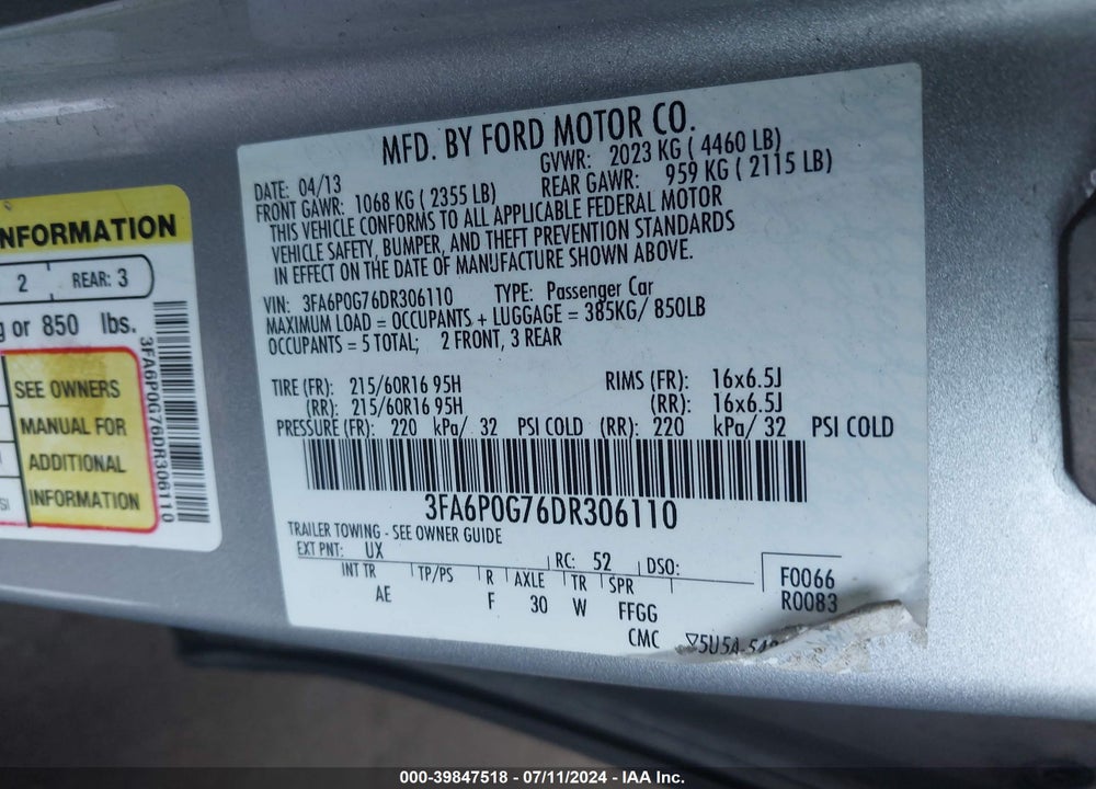 2013 FORD FUSION S VIN: 3FA6P0G76DR306110
