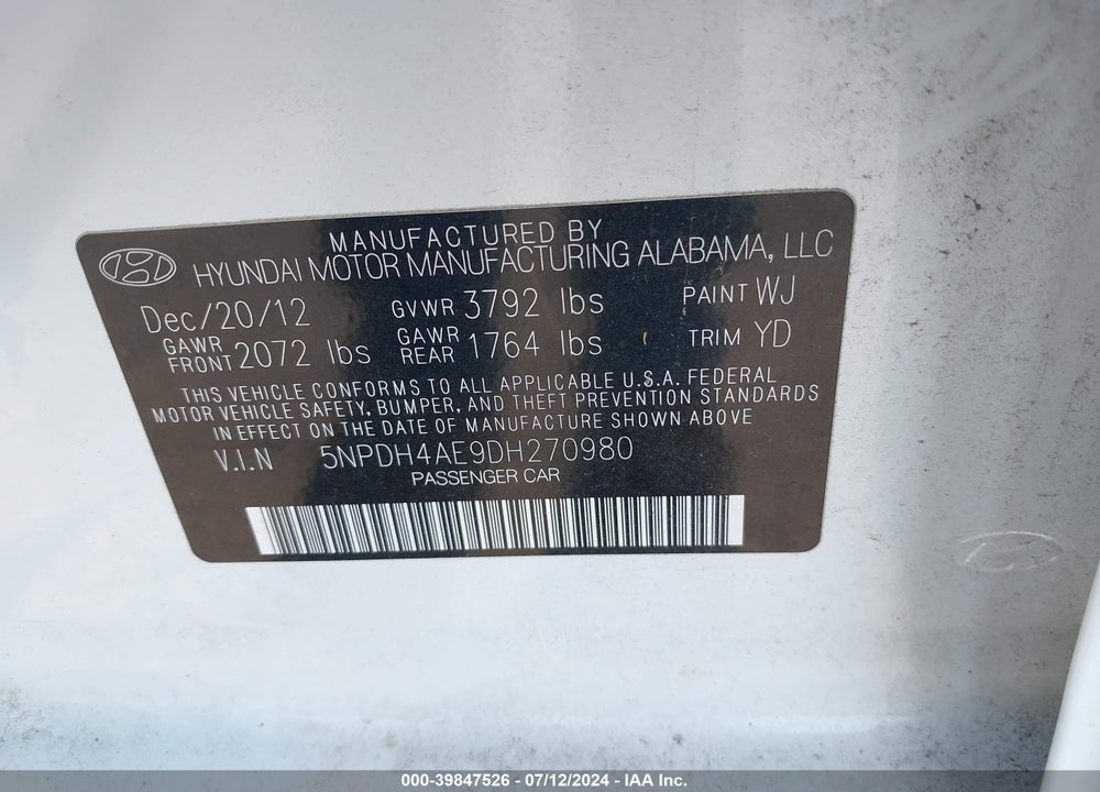2013 HYUNDAI ELANTRA LIMITED VIN: 5NPDH4AE9DH270980