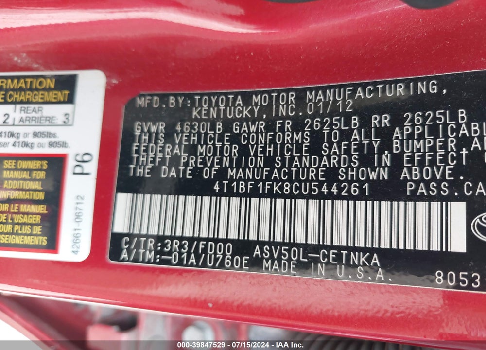 2012 TOYOTA CAMRY LE VIN: 4T1BF1FK8CU544261