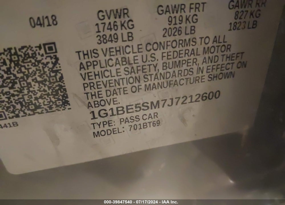 2018 CHEVROLET CRUZE LT AUTO VIN: 1G1BE5SM7J7212600