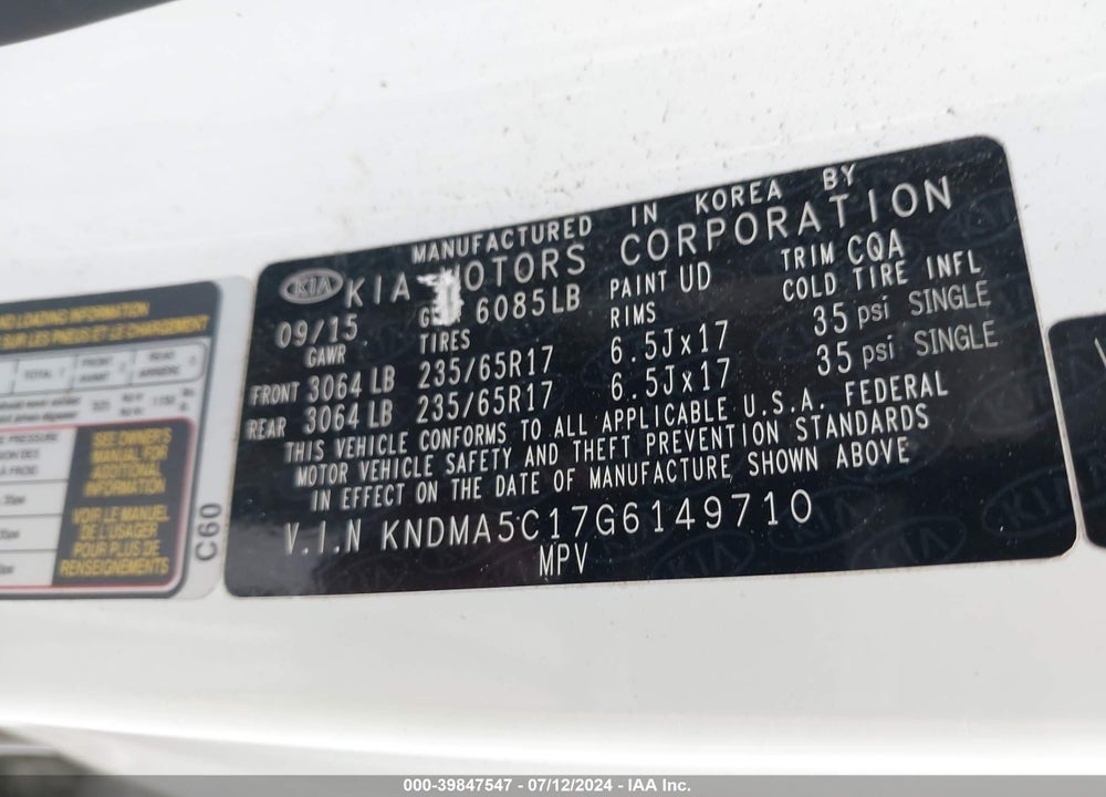 2016 KIA SEDONA L VIN: KNDMA5C17G6149710