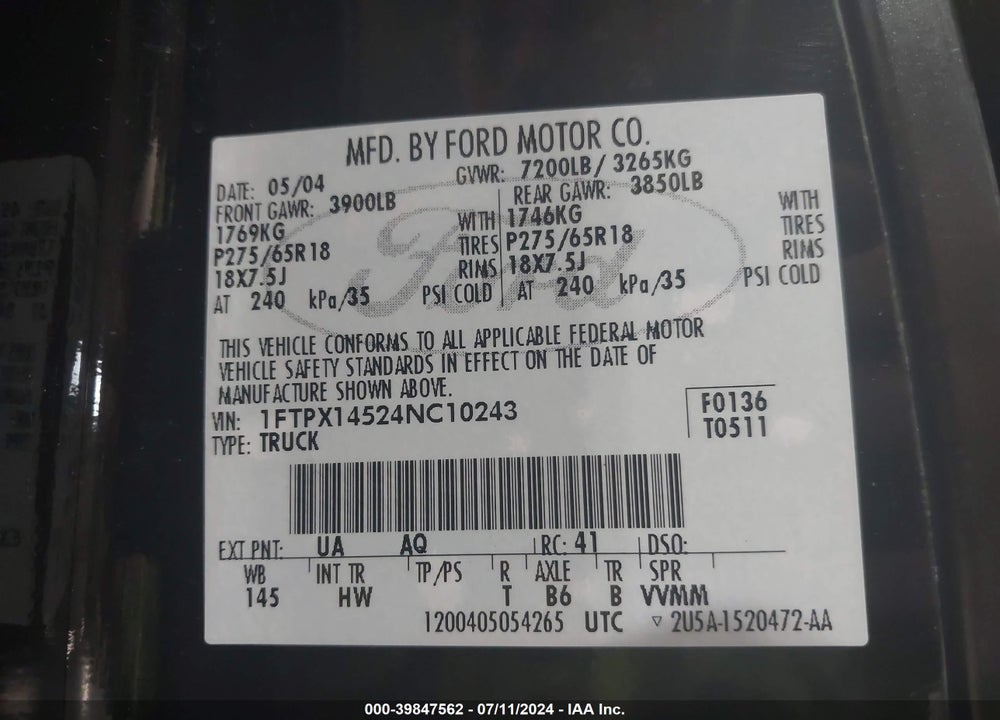 2004 FORD F-150 FX4/LARIAT/XL/XLT VIN: 1FTPX14524NC10243
