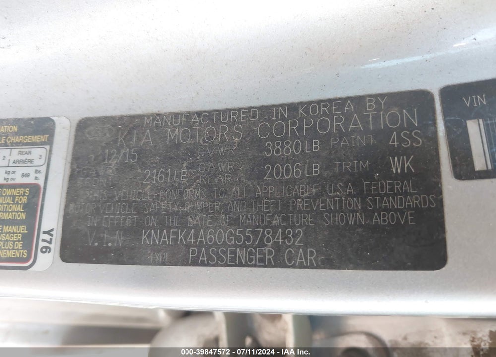 2016 KIA FORTE LX VIN: KNAFK4A60G5578432