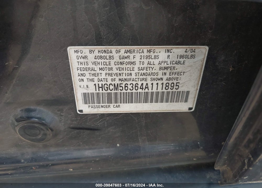 2004 HONDA ACCORD 2.4 LX VIN: 1HGCM56364A111895