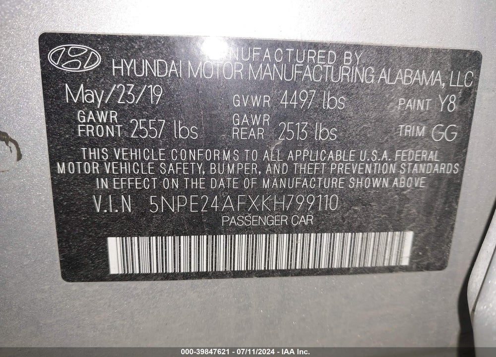 2019 HYUNDAI SONATA SE VIN: 5NPE24AFXKH799110