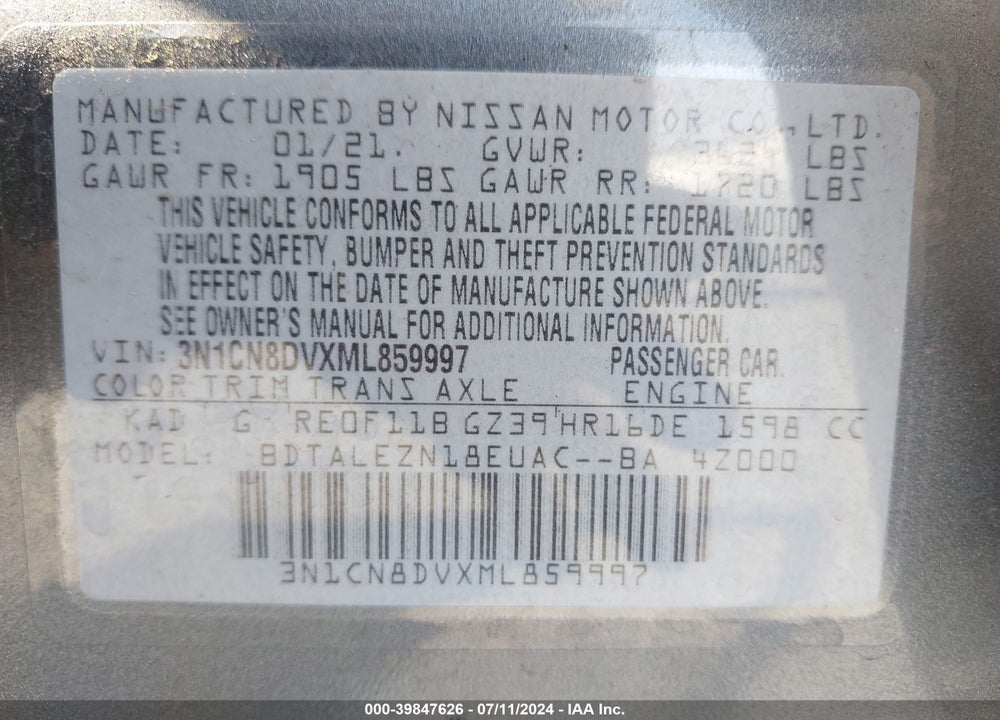2021 NISSAN VERSA S XTRONIC CVT VIN: 3N1CN8DVXML859997