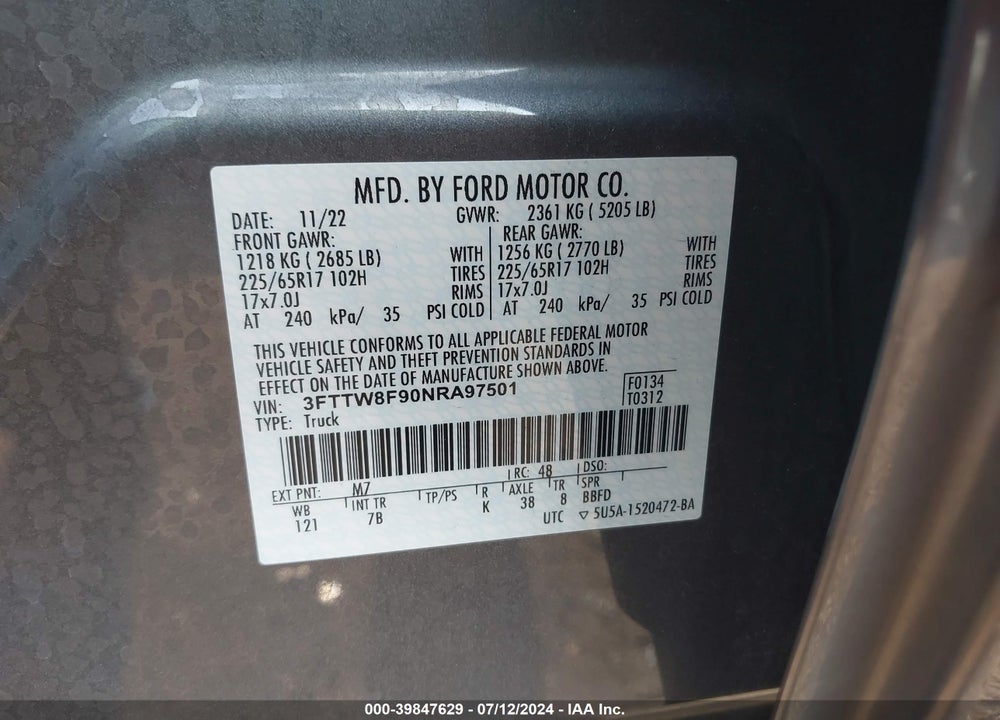 2022 FORD MAVERICK XLT VIN: 3FTTW8F90NRA97501
