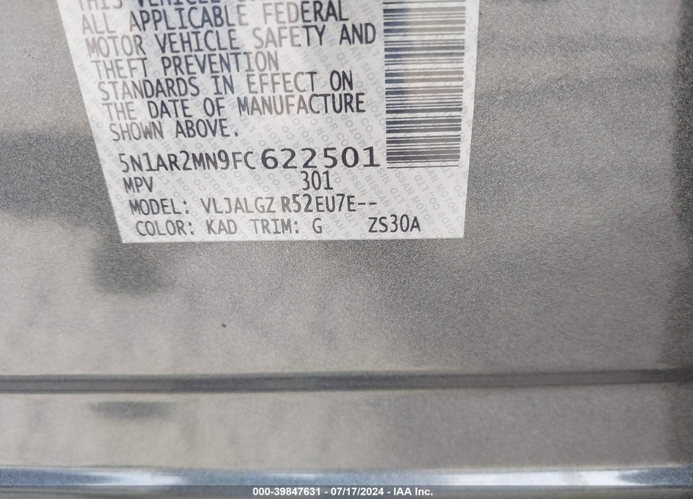 2015 NISSAN PATHFINDER SL VIN: 5N1AR2MN9FC622501