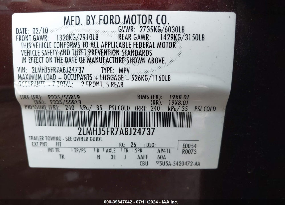 2010 LINCOLN MKT VIN: 2LMHJ5FR7ABJ24737