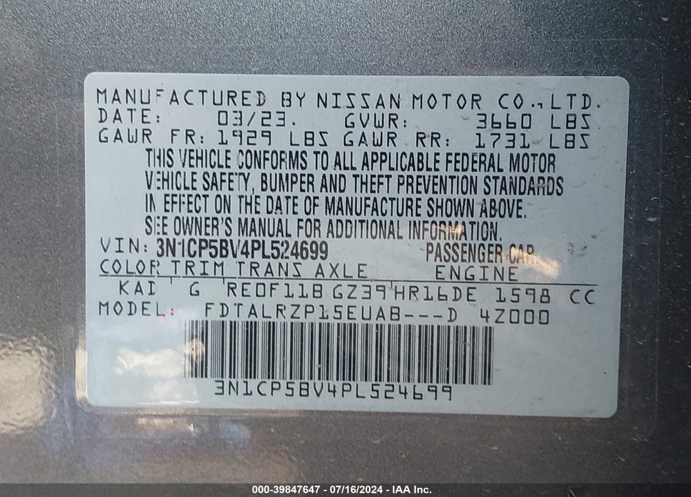 2023 NISSAN KICKS S XTRONIC CVT VIN: 3N1CP5BV4PL524699