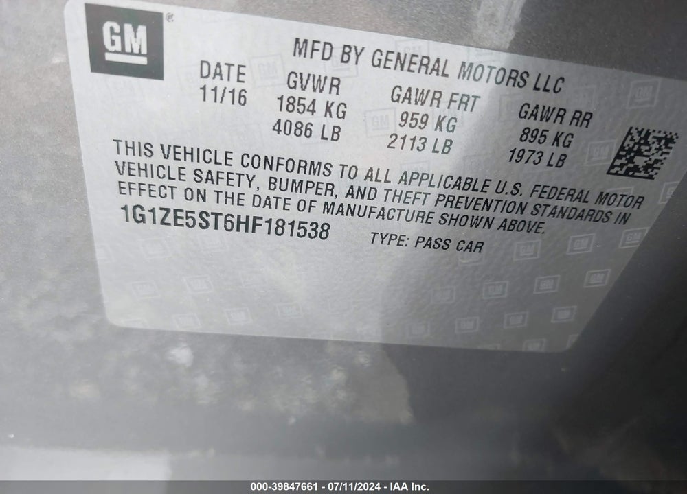 2017 CHEVROLET MALIBU 1LT VIN: 1G1ZE5ST6HF181538
