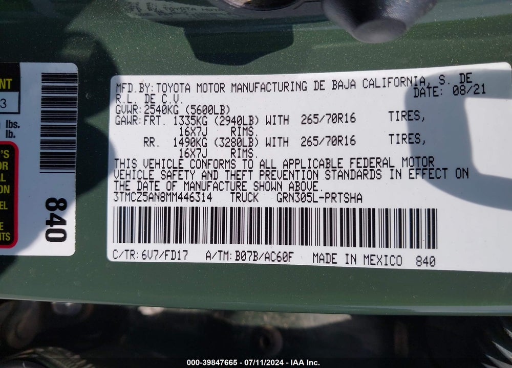 2021 TOYOTA TACOMA TRD OFF ROAD VIN: 3TMCZ5AN8MM446314
