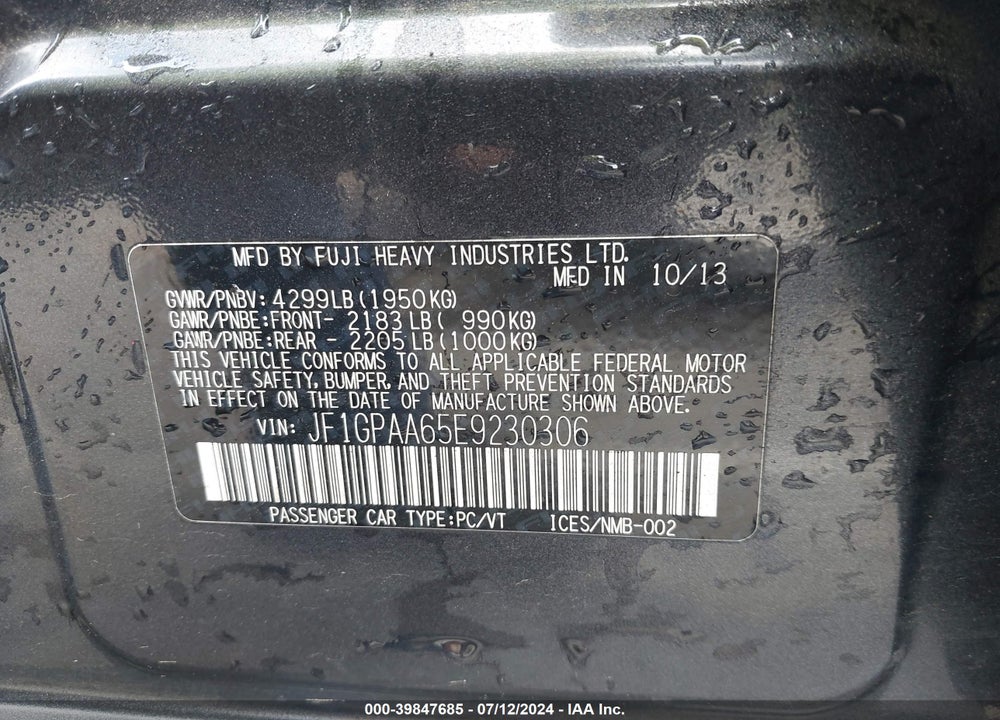 2014 SUBARU IMPREZA 2.0I VIN: JF1GPAA65E9230306