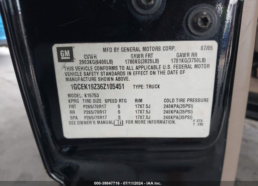2006 CHEVROLET SILVERADO 1500 LT1 VIN: 1GCEK19Z36Z105451