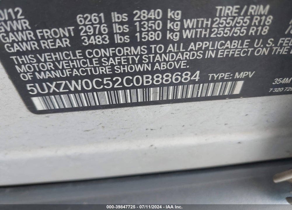 2012 BMW X5 XDRIVE35D VIN: 5UXZW0C52C0B88684