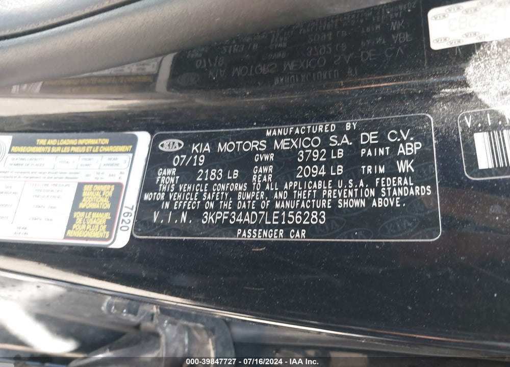 2020 KIA FORTE GT LINE VIN: 3KPF34AD7LE156283