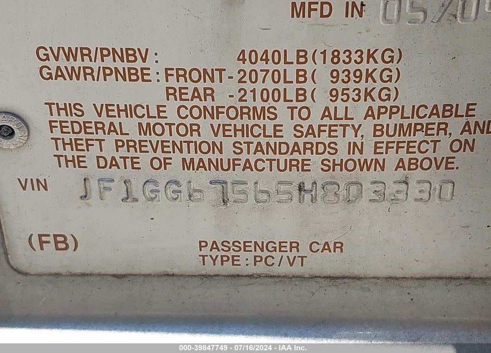 2005 SUBARU IMPREZA 2.5RS VIN: JF1GG67565H803330