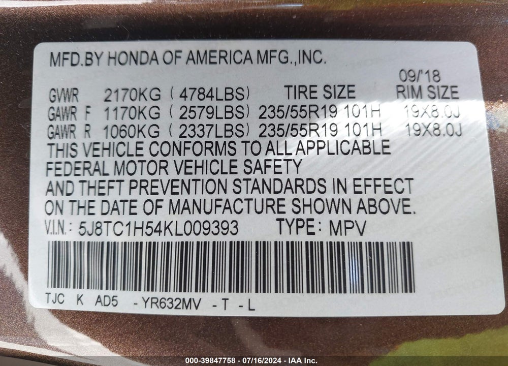 2019 ACURA RDX TECHNOLOGY PACKAGE VIN: 5J8TC1H54KL009393