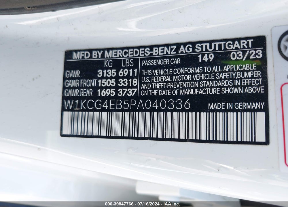 2023 MERCEDES-BENZ EQS 580 4MATIC VIN: W1KCG4EB5PA040336