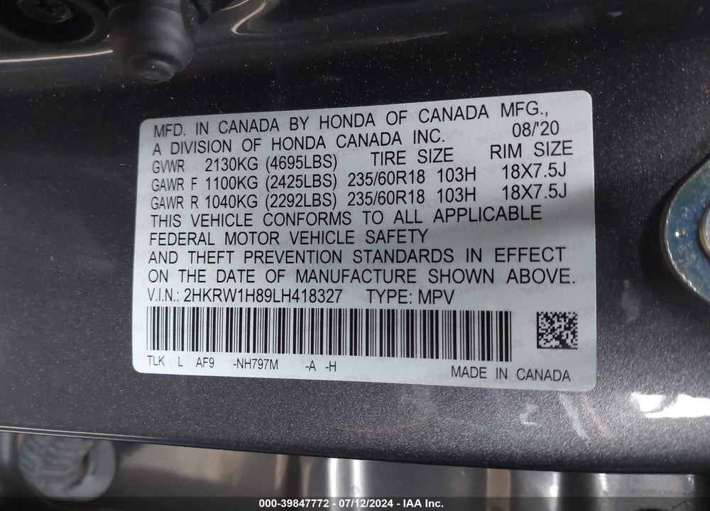 2020 HONDA CR-V 2WD EX-L VIN: 2HKRW1H89LH418327