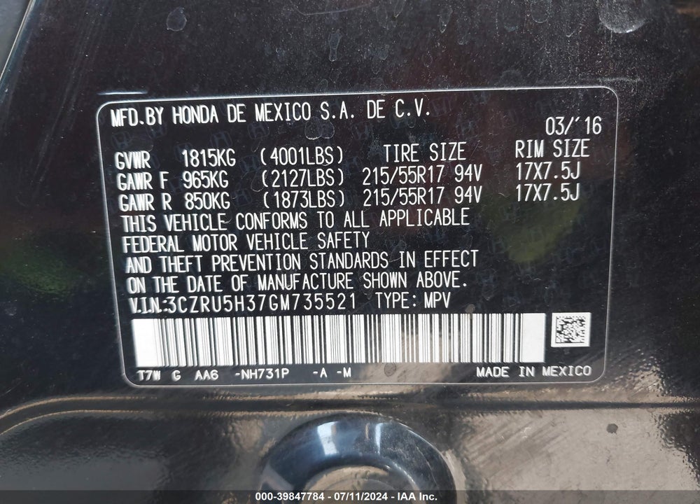 2016 HONDA HR-V LX VIN: 3CZRU5H37GM735521