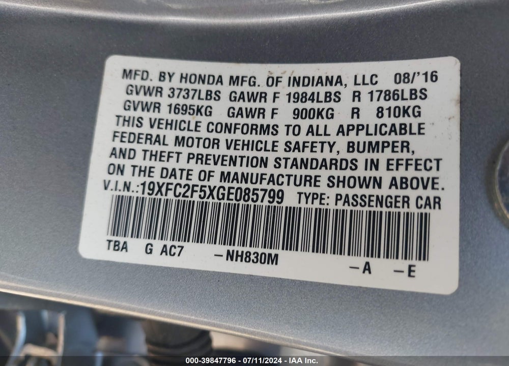 2016 HONDA CIVIC LX VIN: 19XFC2F5XGE085799