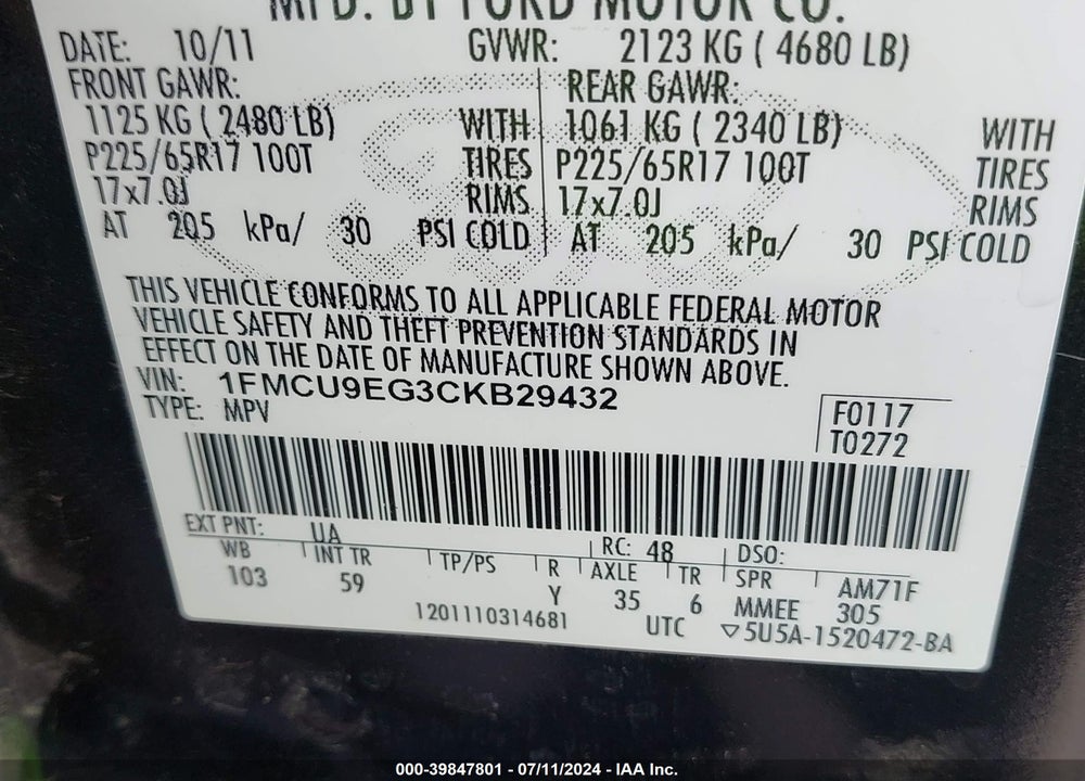 2012 FORD ESCAPE LIMITED VIN: 1FMCU9EG3CKB29432