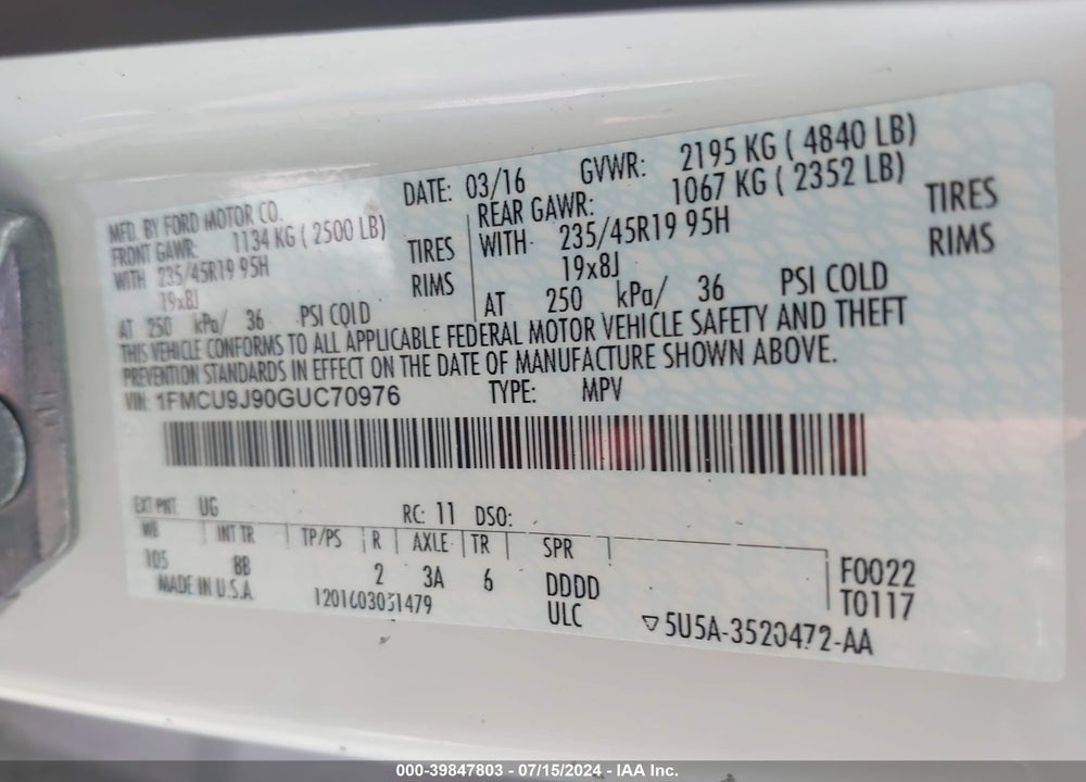 2016 FORD ESCAPE TITANIUM VIN: 1FMCU9J90GUC70976