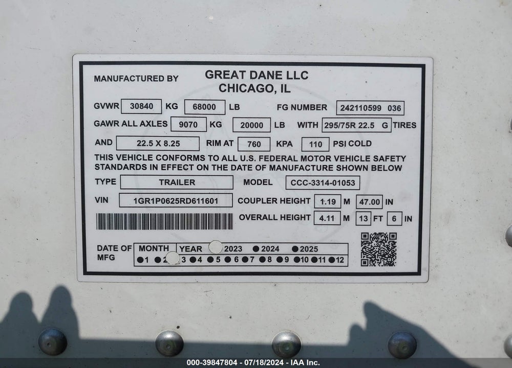 2024 GREAT DANE TRAILERS DRY VAN SEMI TRAILER VIN: 1GR1P0625RD611601