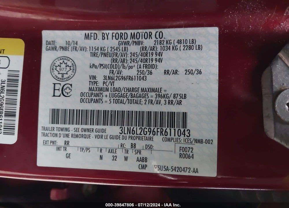 2015 LINCOLN MKZ VIN: 3LN6L2G96FR611043