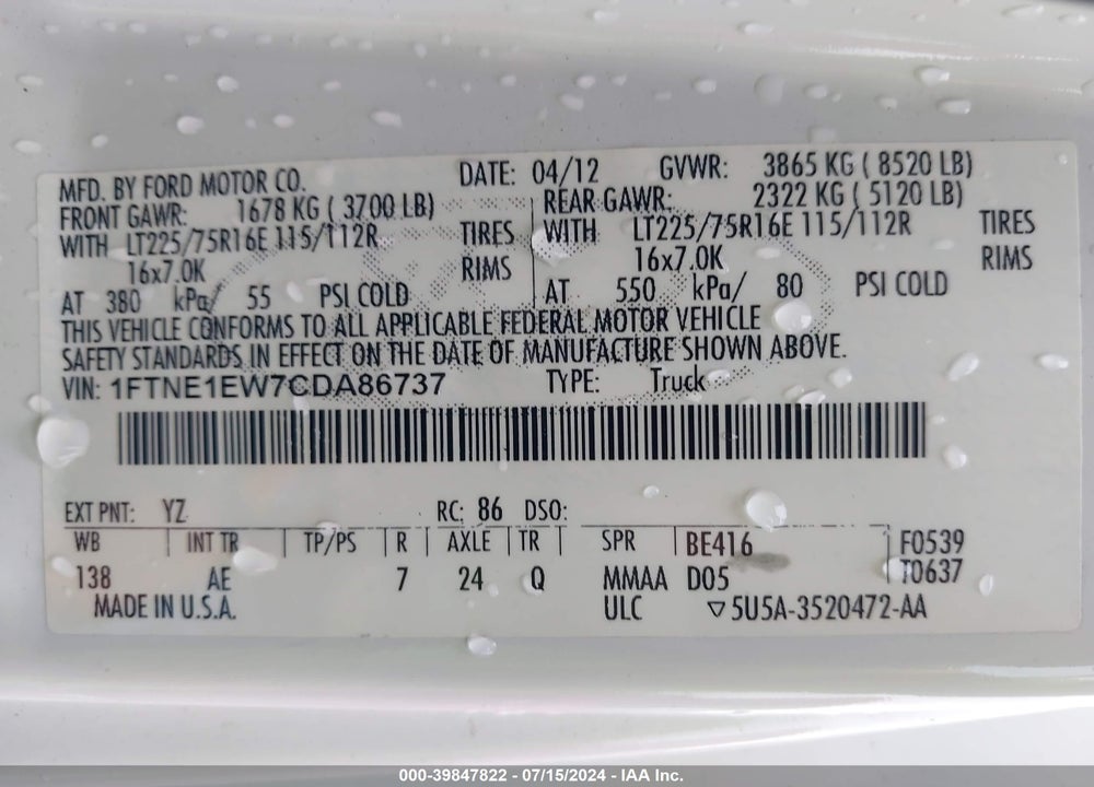 2012 FORD E-150 COMMERCIAL VIN: 1FTNE1EW7CDA86737
