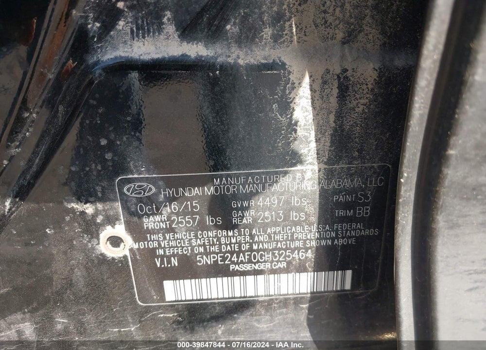 2016 HYUNDAI SONATA SE VIN: 5NPE24AF0GH325464
