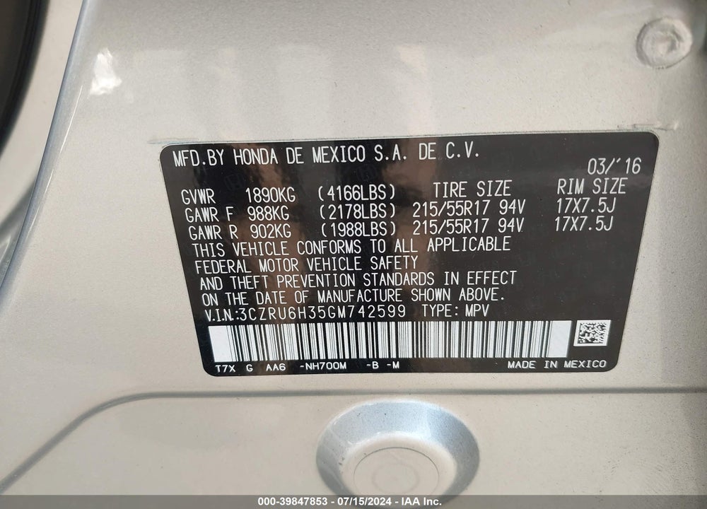 2016 HONDA HR-V LX VIN: 3CZRU6H35GM742599
