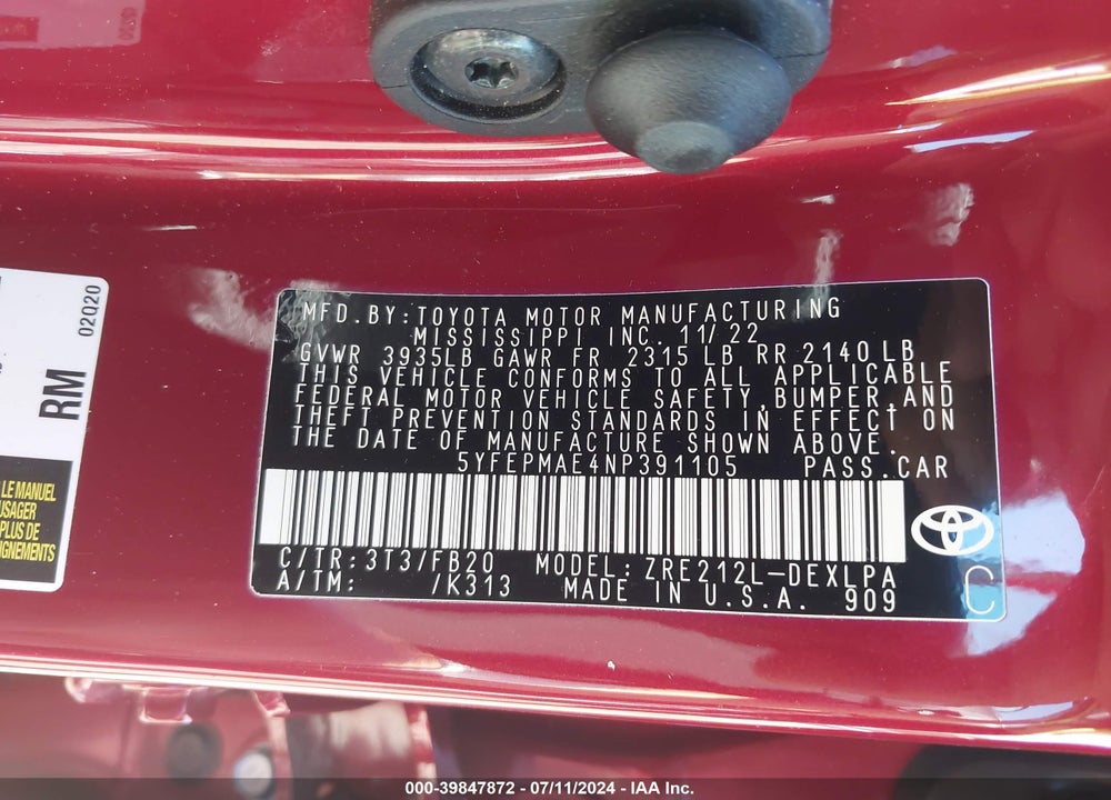 2022 TOYOTA COROLLA LE VIN: 5YFEPMAE4NP391105