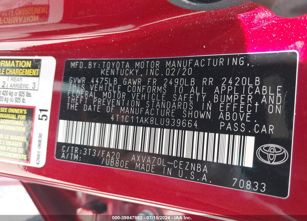 2020 TOYOTA CAMRY LE VIN: 4T1C11AK8LU939664