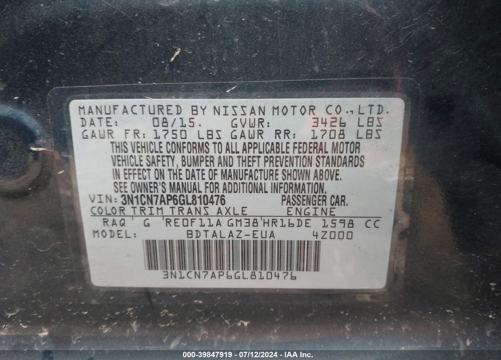 2016 NISSAN VERSA 1.6 S/1.6 S+/1.6 SL/1.6 SV VIN: 3N1CN7AP6GL810476