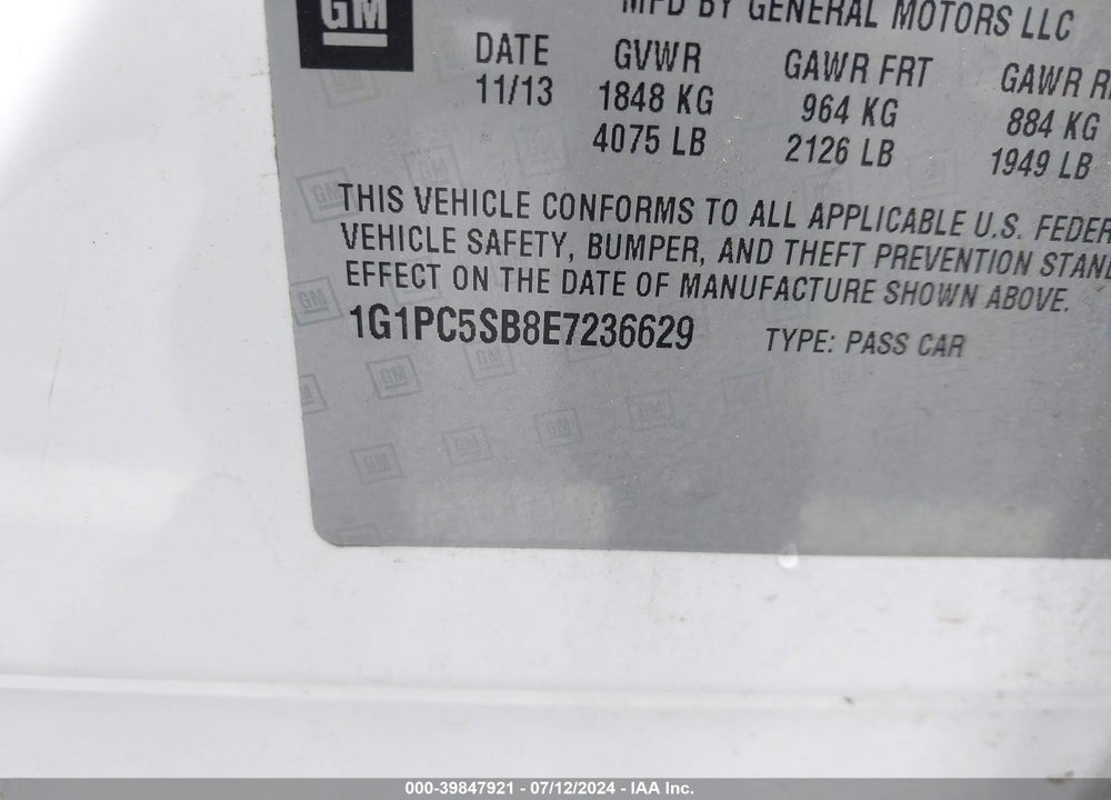 2014 CHEVROLET CRUZE 1LT AUTO VIN: 1G1PC5SB8E7236629