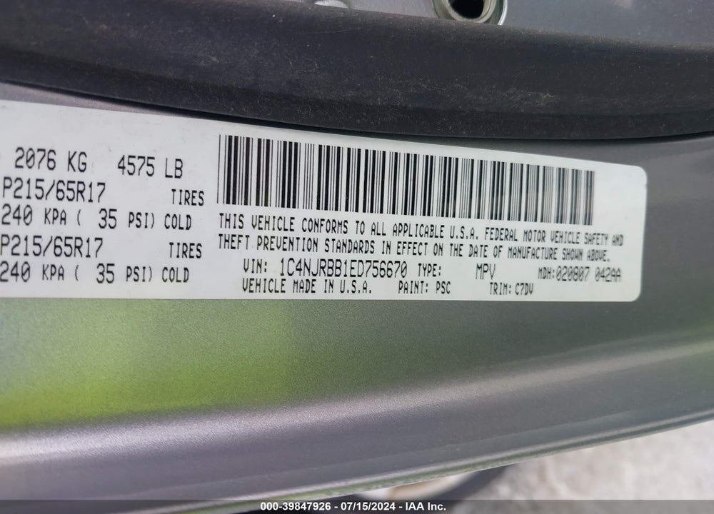 2014 JEEP PATRIOT SPORT VIN: 1C4NJRBB1ED756670
