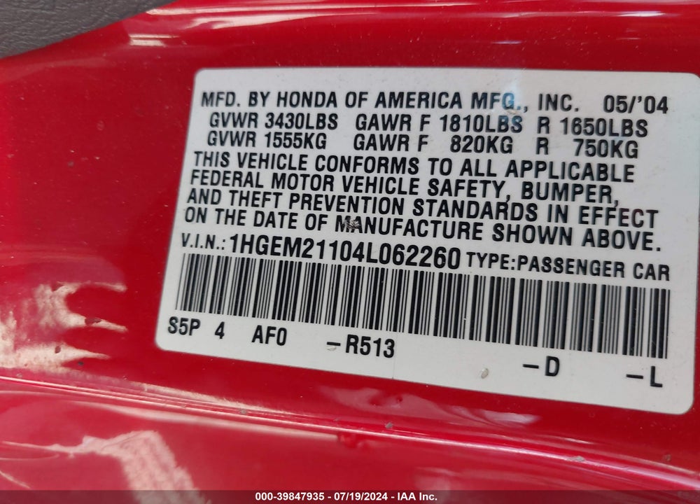 2004 HONDA CIVIC VP VIN: 1HGEM21104L062260