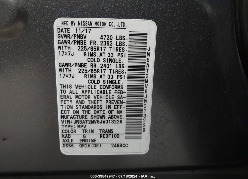 2018 NISSAN ROGUE S VIN: JN8AT2MV6JW313229
