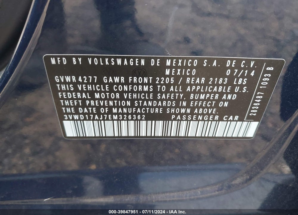 2014 VOLKSWAGEN JETTA VIN: 3VWD17AJ7EM326362