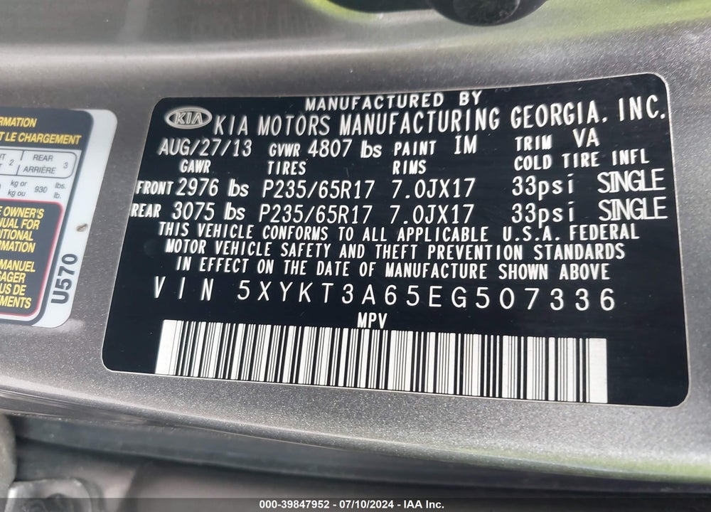 2014 KIA SORENTO LX VIN: 5XYKT3A65EG507336