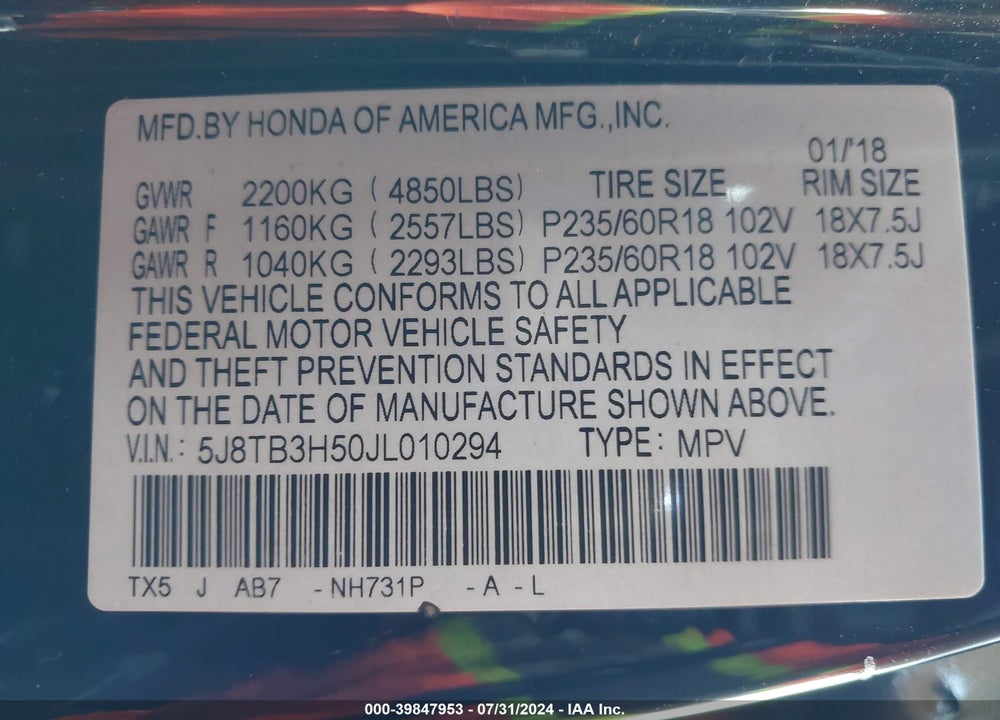 2018 ACURA RDX TECHNOLOGY   WATCH PLUS PACKAGES/TECHNOLOGY PACKAGE VIN: 5J8TB3H50JL010294